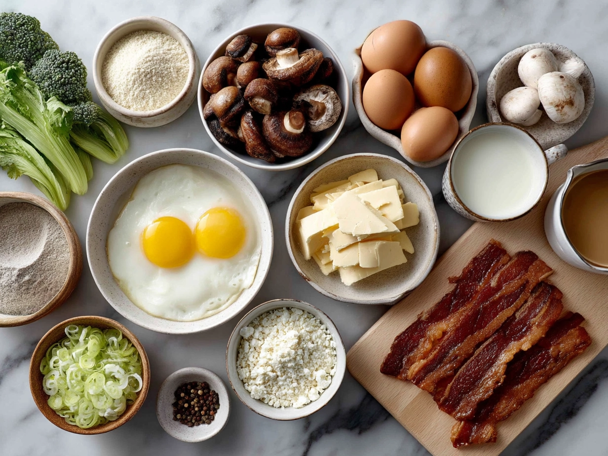 Ingredients for Crustless Bacon Cheese Quiche including eggs, bacon, cheese, cream, onions, and seasonings