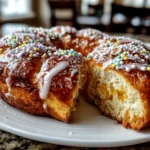 Delicious freshly prepared Traditional King Cake served on white plate