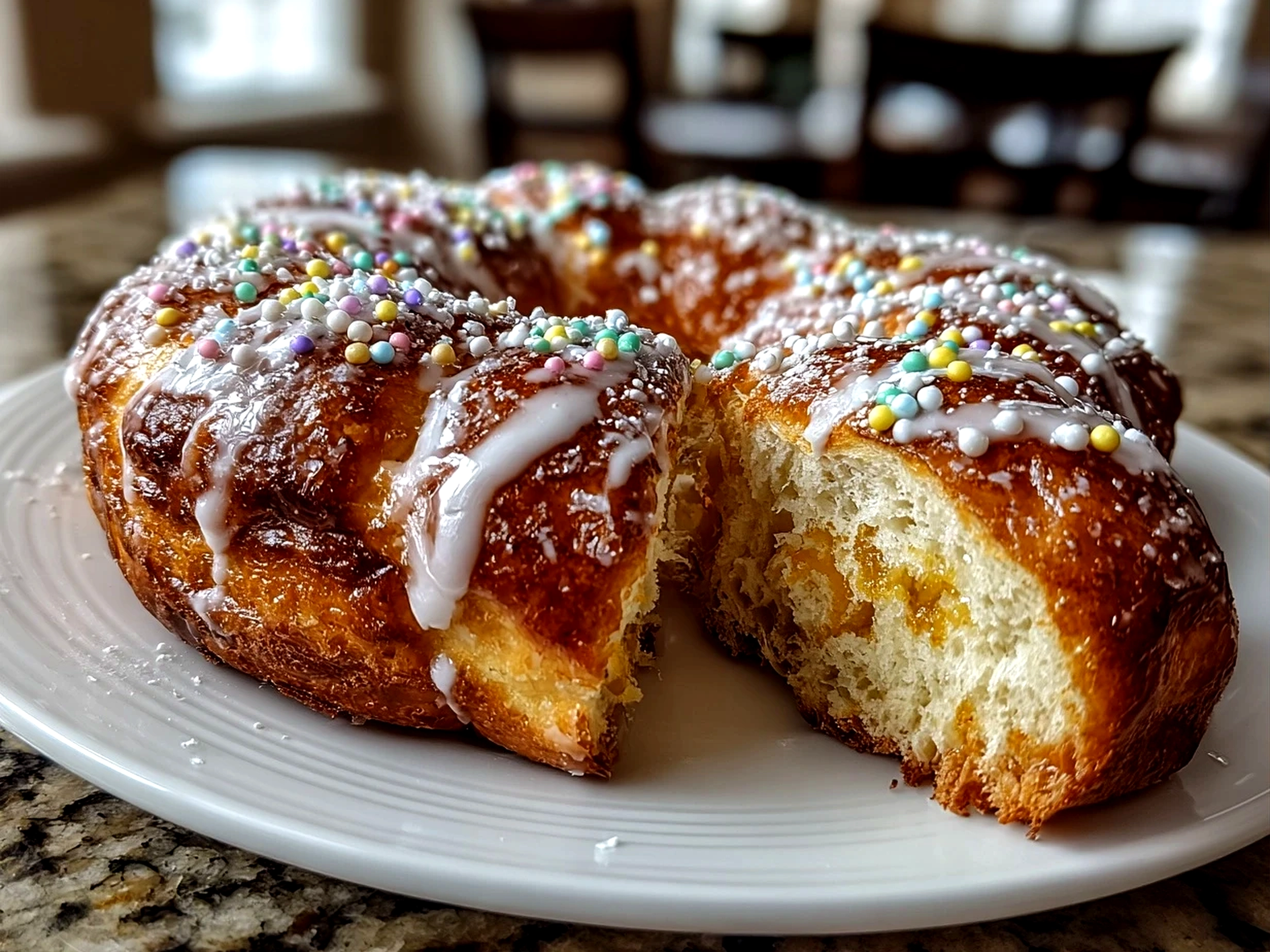 Delicious freshly prepared Traditional King Cake served on white plate