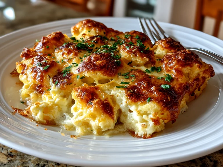 Deliciously golden baked cheesy dumpling casserole