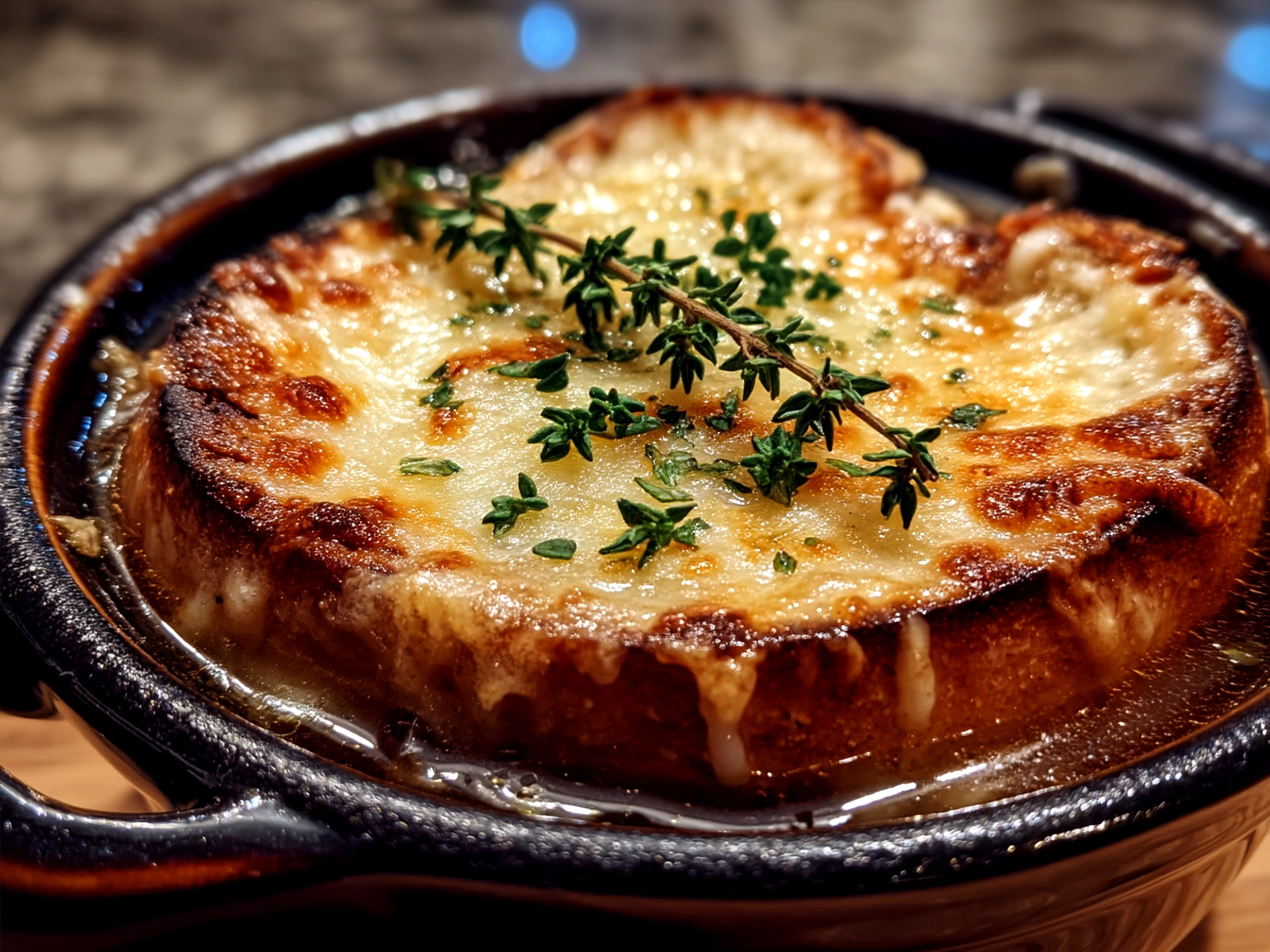 Serving Dutch Oven French Onion Soup topped with melted Gruyère cheese and crusty bread