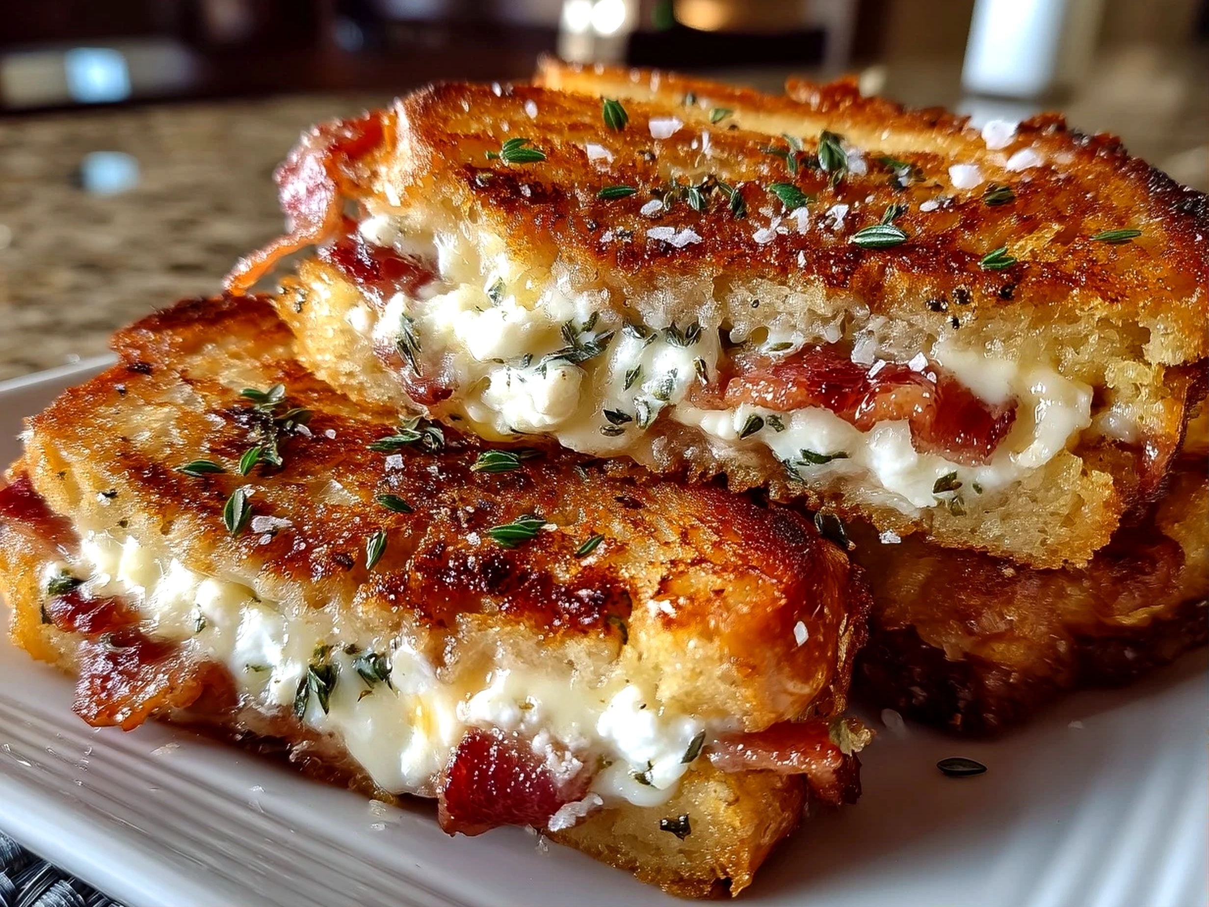 Close up of finished Bacon Wrapped Grilled Cheese Fingers showing crispy bacon and melted cheese