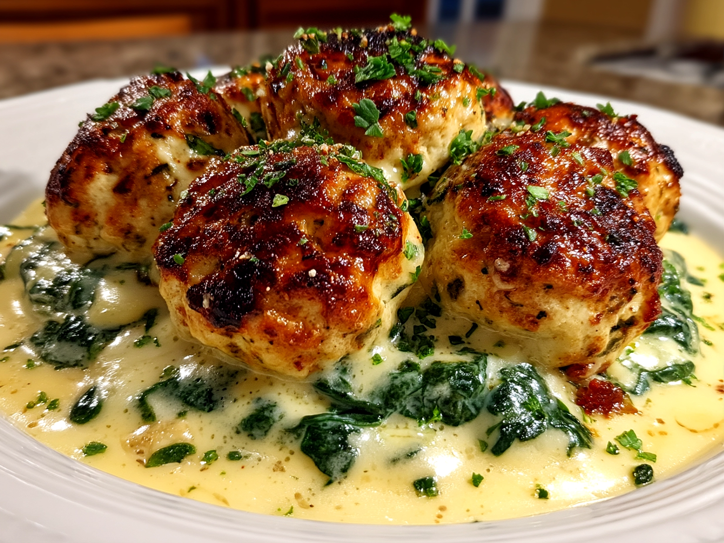 Close up of finished baked chicken ricotta meatballs smothered in creamy spinach Alfredo sauce