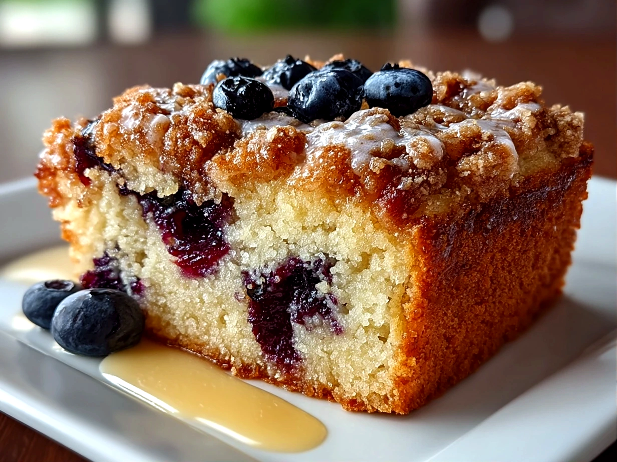 Finished Blueberry Crumb Cake with crisp golden crumb topping on a plate