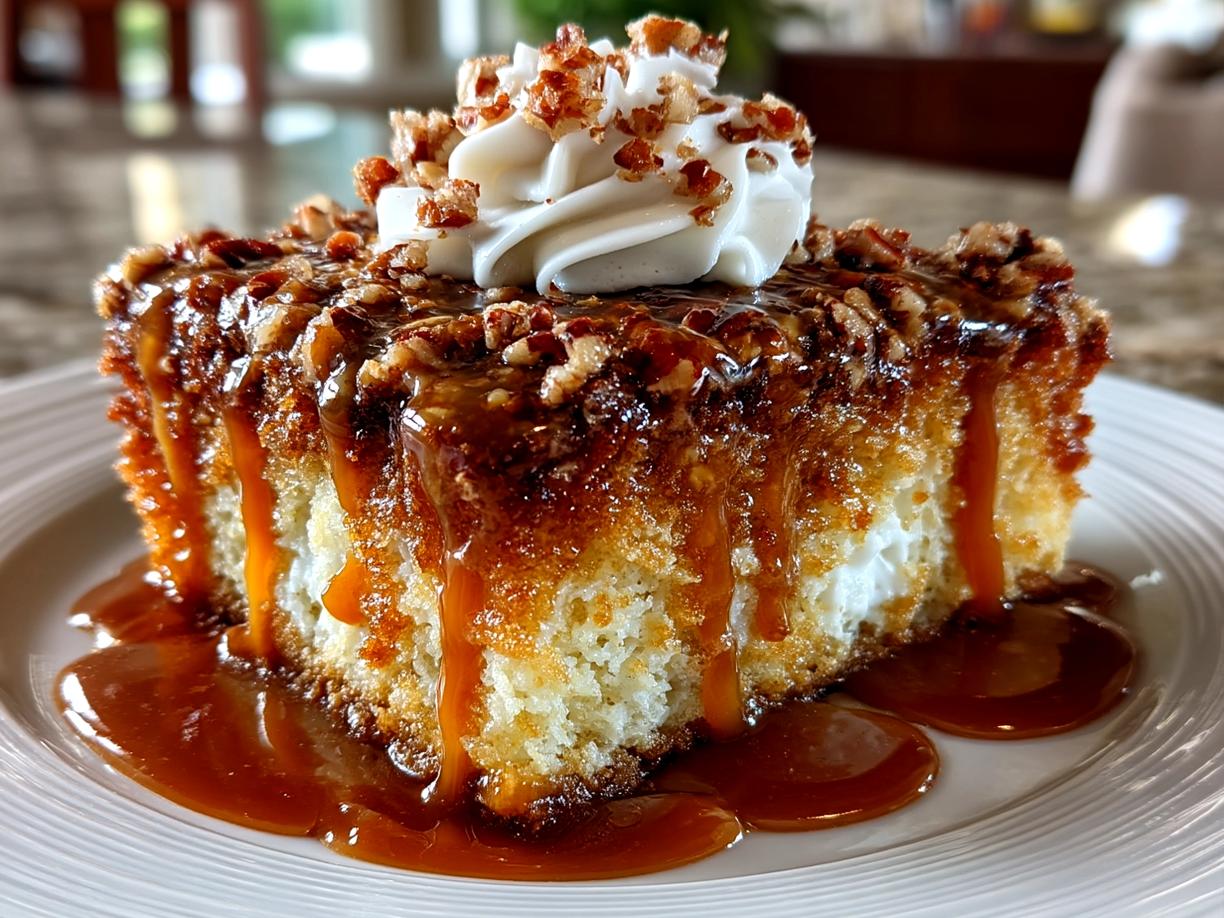 Close-up of finished Caramel Butter Pecan Praline Poke Cake served in squares