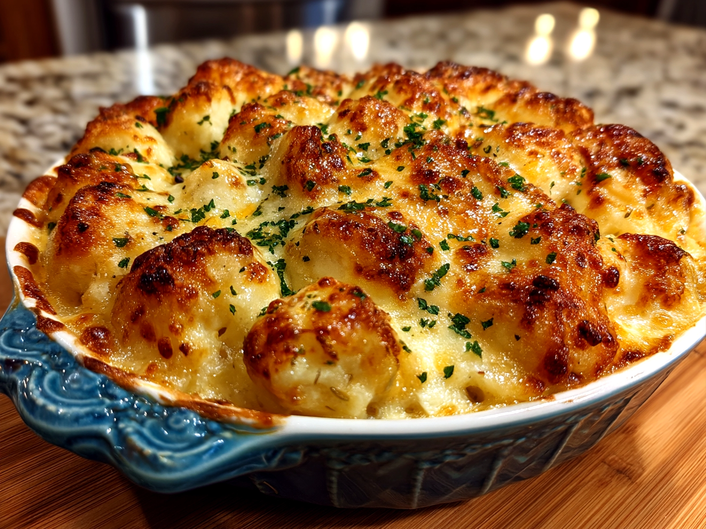 Finished Baked Cheesy Dumpling Casserole with golden crust