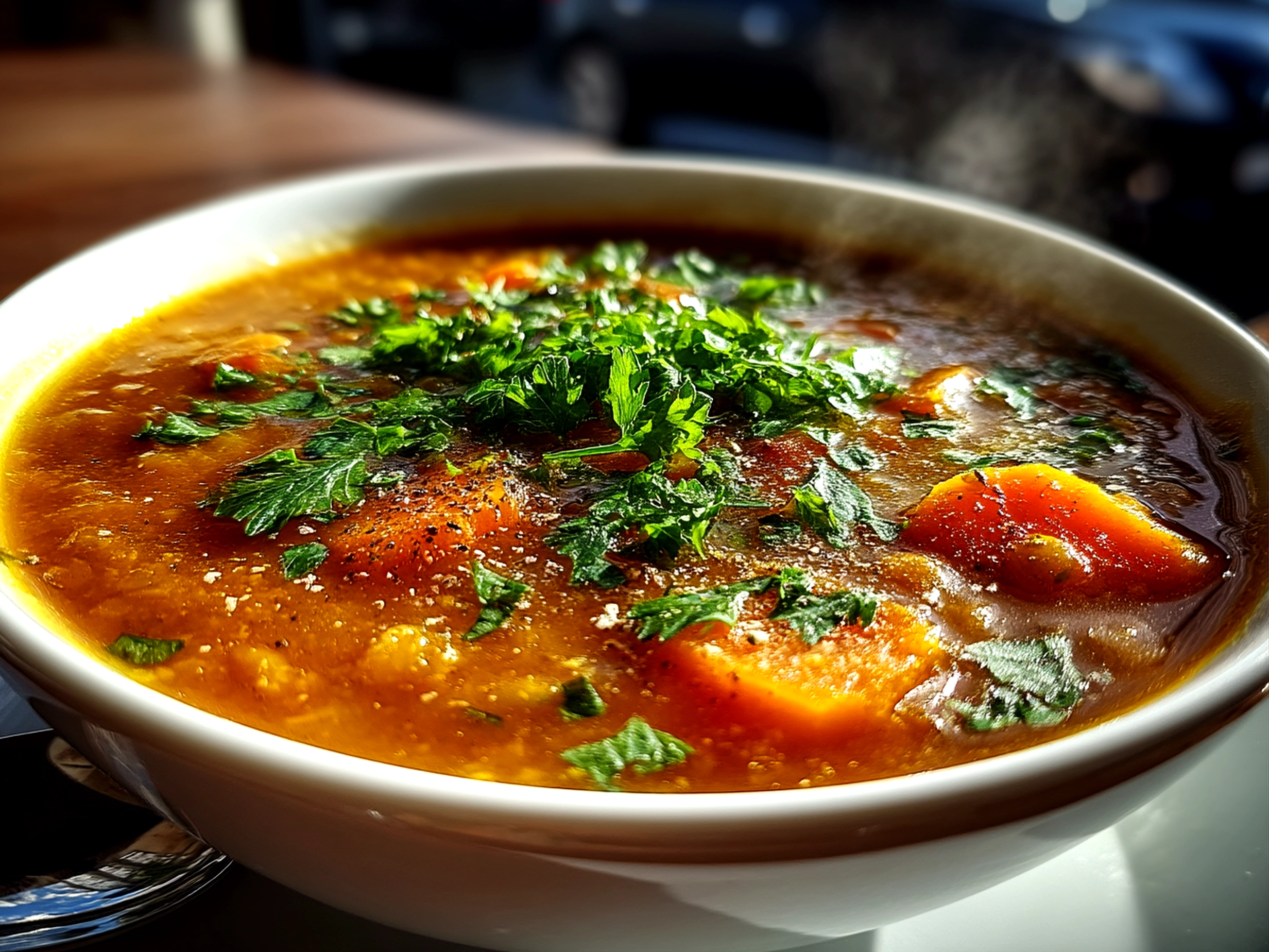 Close-up of finished comforting carrot and lentil soup in a bowl with garnish