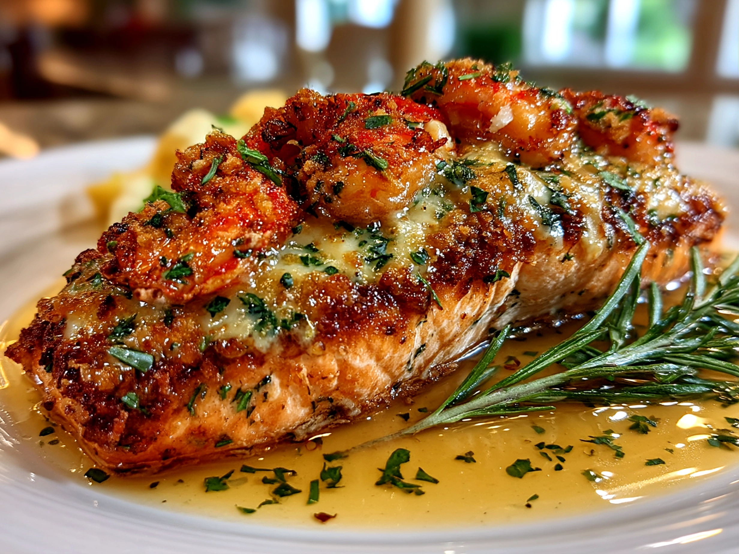 Close-up of finished Crab And Shrimp Stuffed Salmon plated and ready to serve