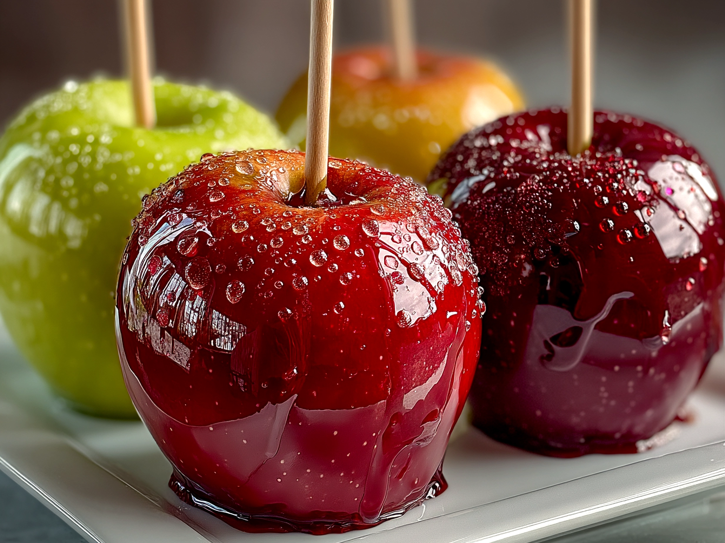 Finished Homemade Candy Apples served on a rustic wooden board with festive fall decor