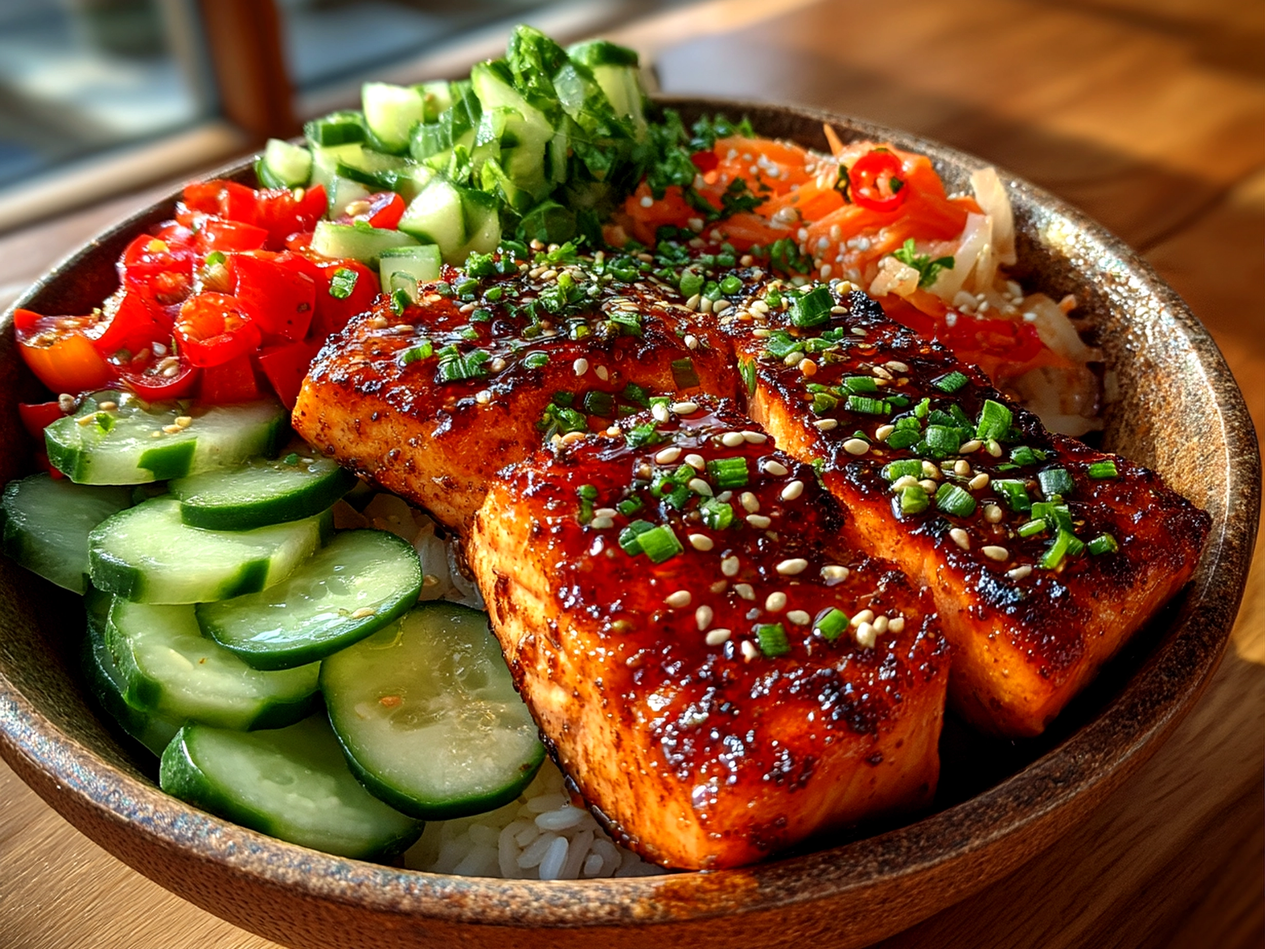 Finished Honey Glazed Salmon Bowl served with rice and garnished with green onions and sesame seeds