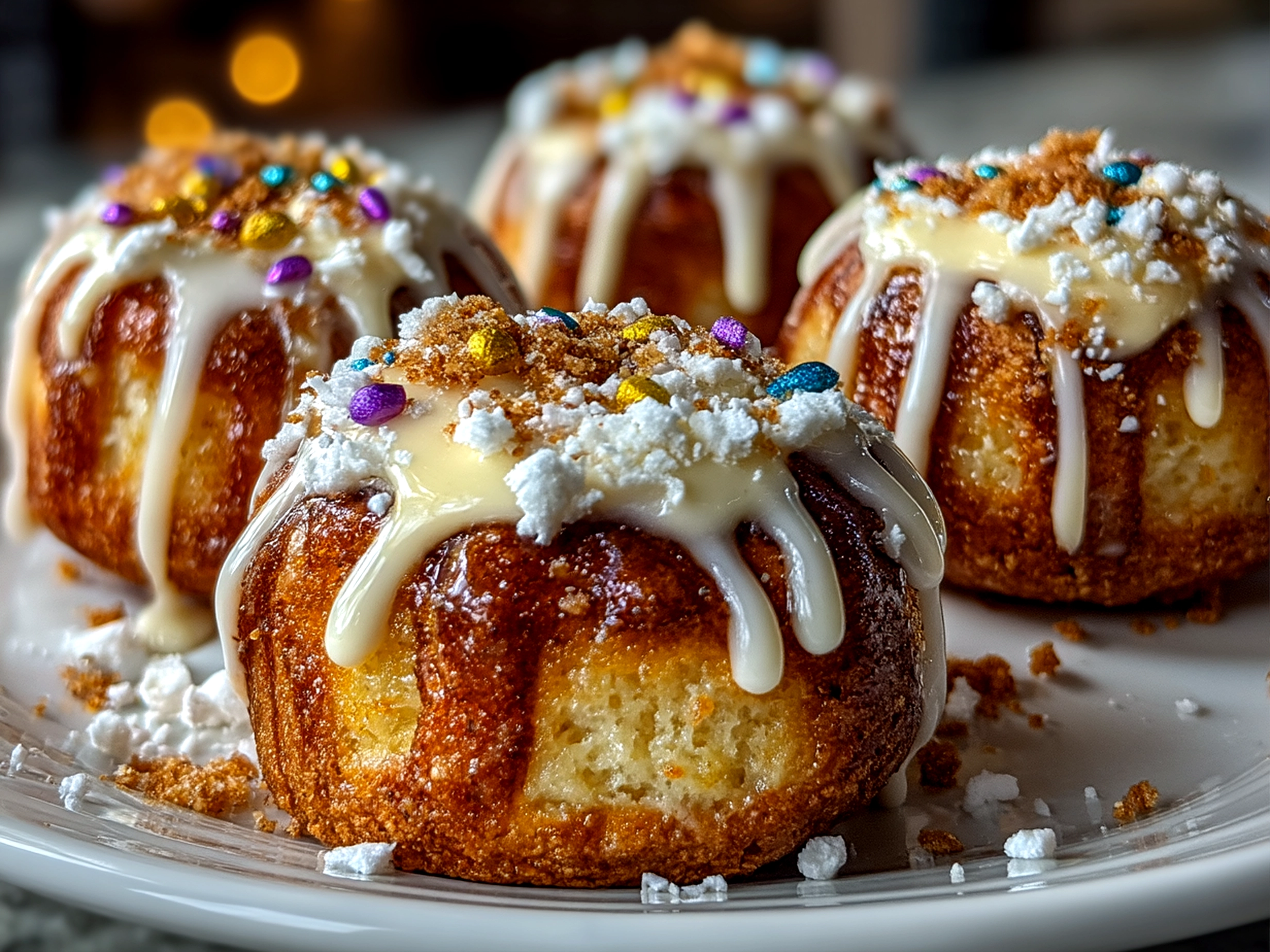 Finished King Cake Bites decorated with festive colored sugar and fresh garnish on a serving plate
