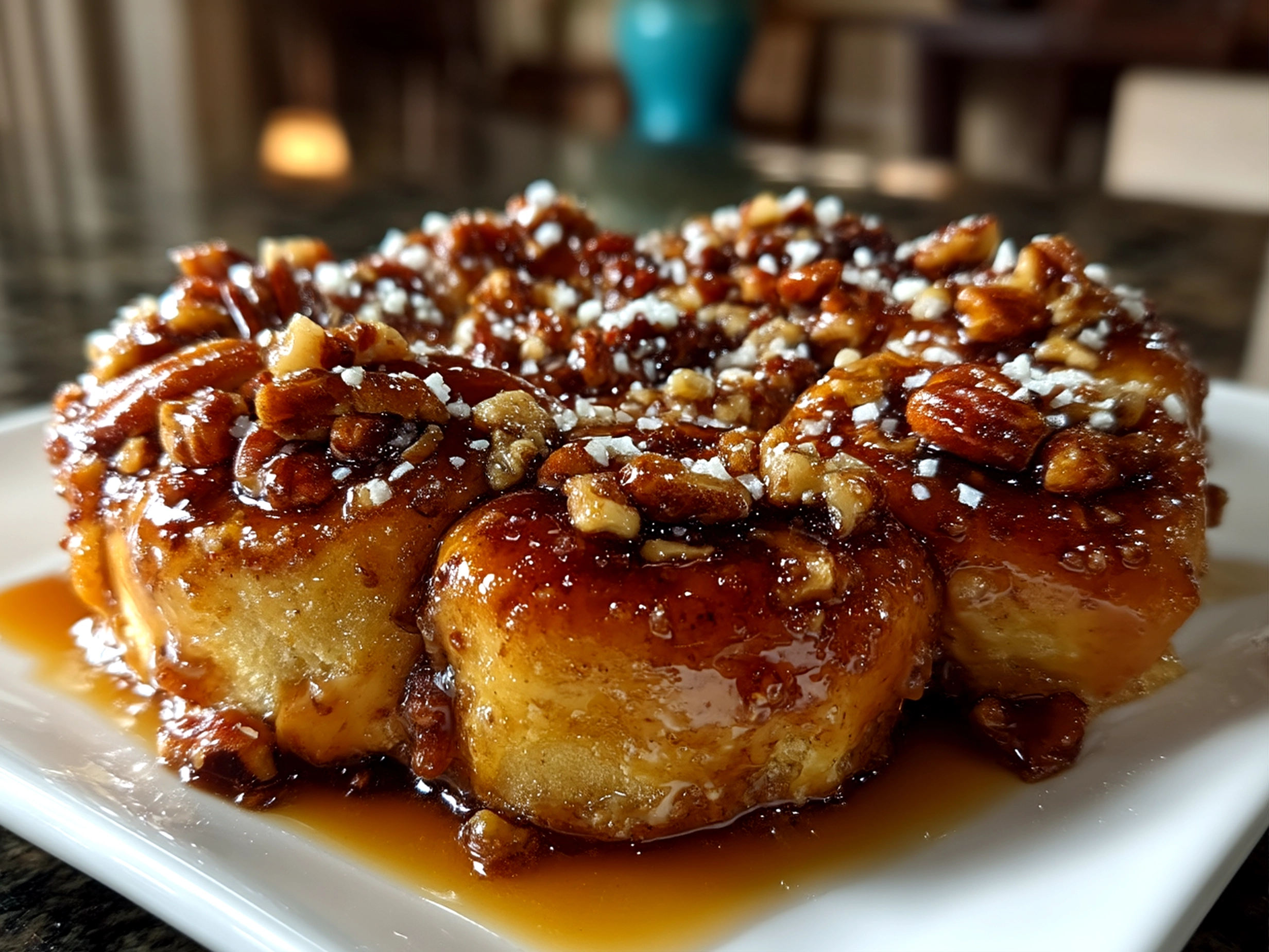 Close-up of freshly baked Maple Pecan Sticky Buns with glossy maple glaze and pecan topping