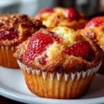 Fresh homemade strawberry muffins on white plate