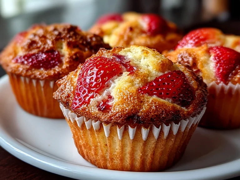 Fresh homemade strawberry muffins on white plate
