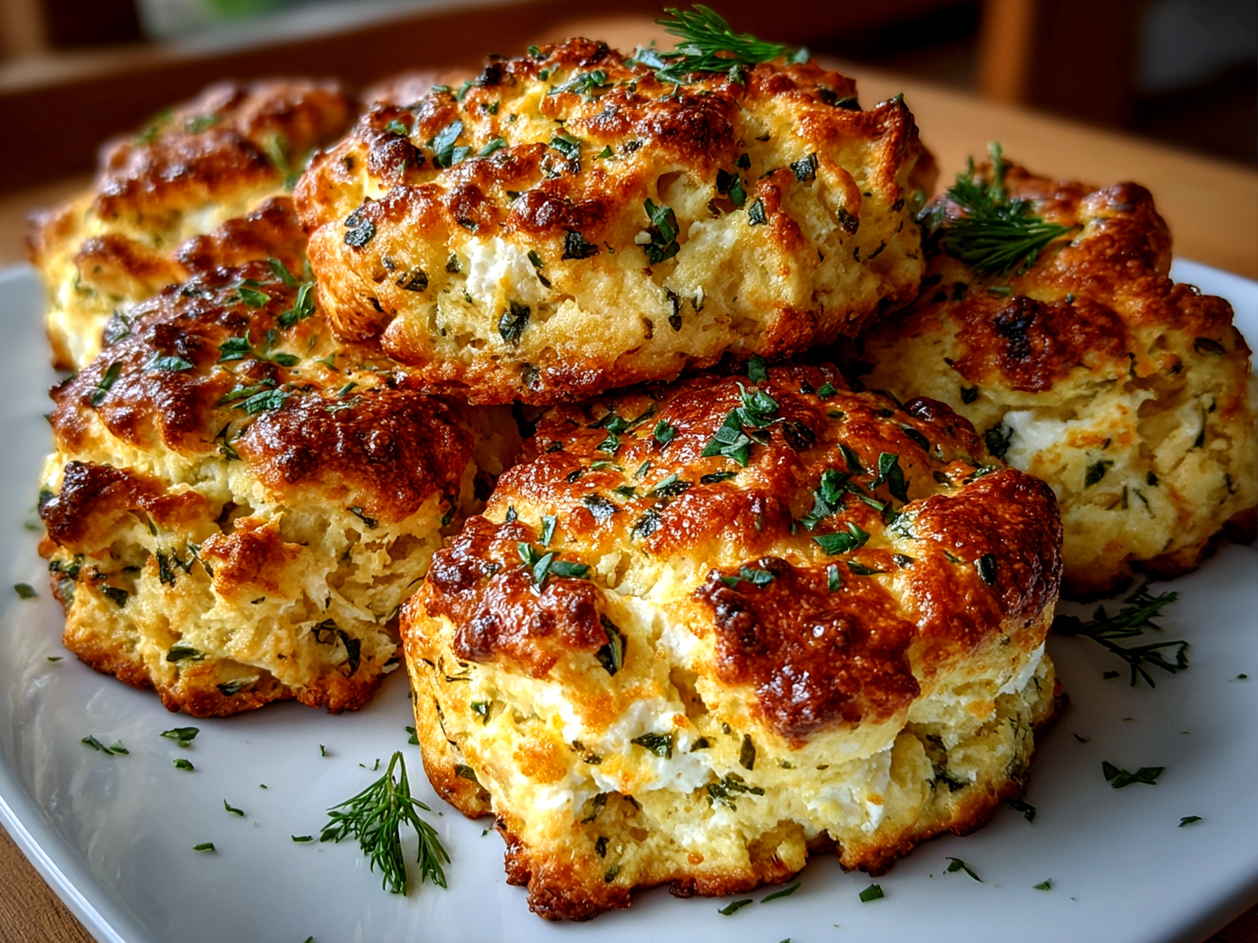 Freshly baked cottage cheese and herb biscuits on white plate