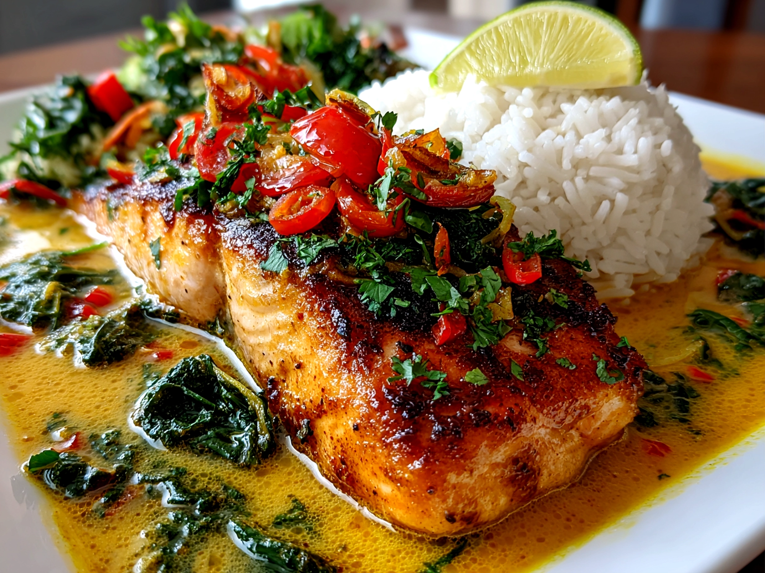 Freshly prepared Caribbean-Style Coconut Curry Salmon