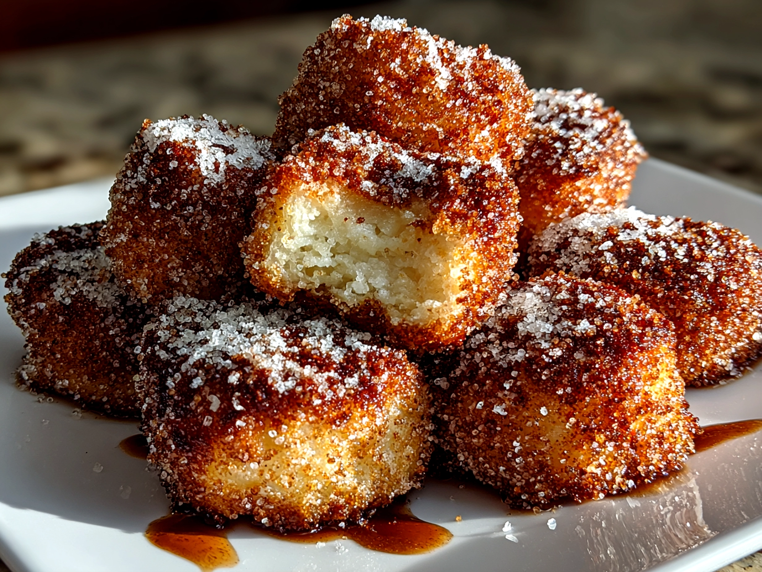 Freshly prepared Cinnamon Sugar Sourdough Churro Bites on white plate