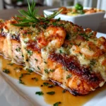 Freshly prepared crab and shrimp stuffed salmon on white plate