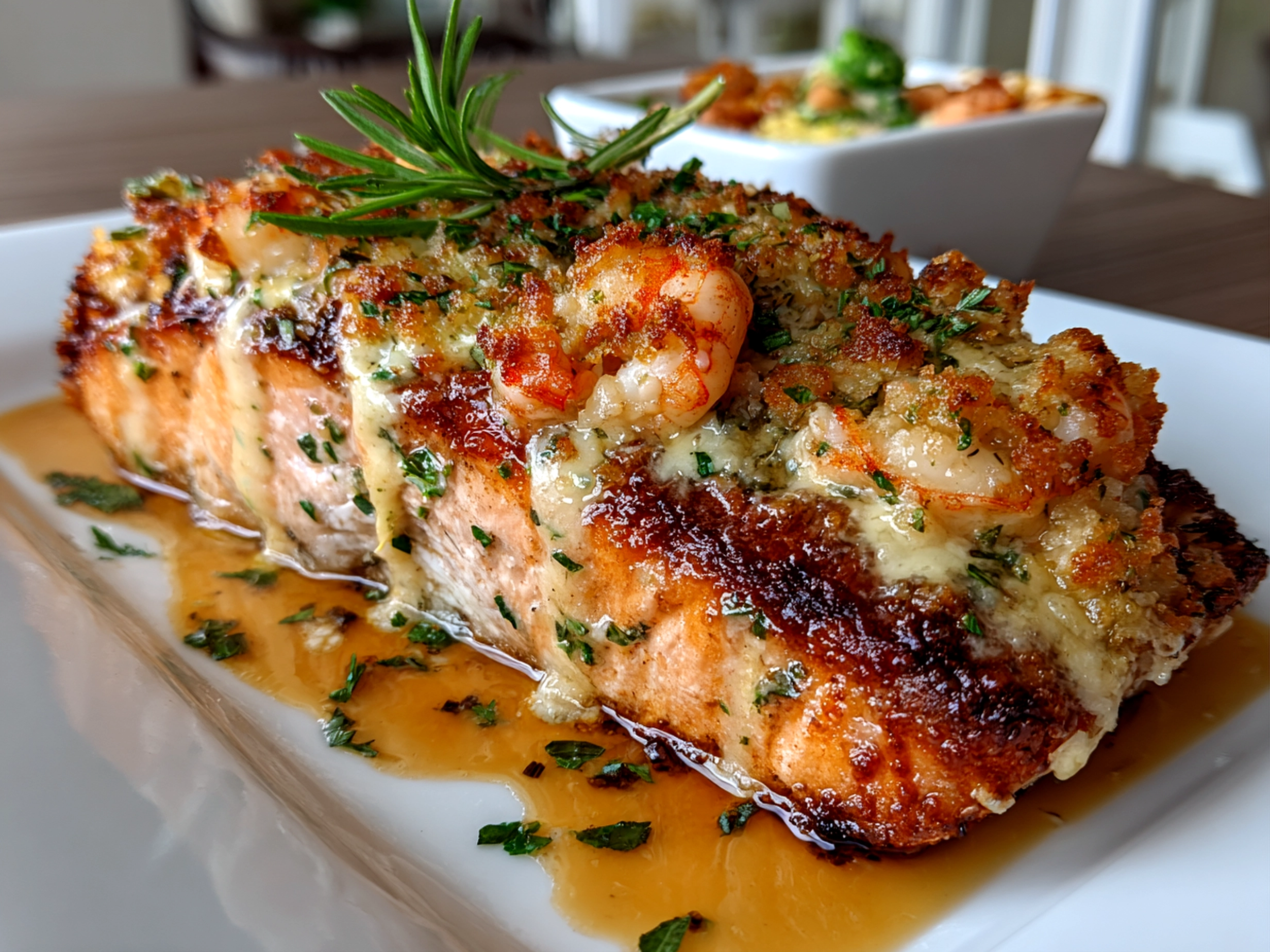 Freshly prepared crab and shrimp stuffed salmon on white plate