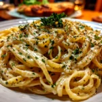 Freshly prepared creamy roast garlic and lemon pasta sauce
