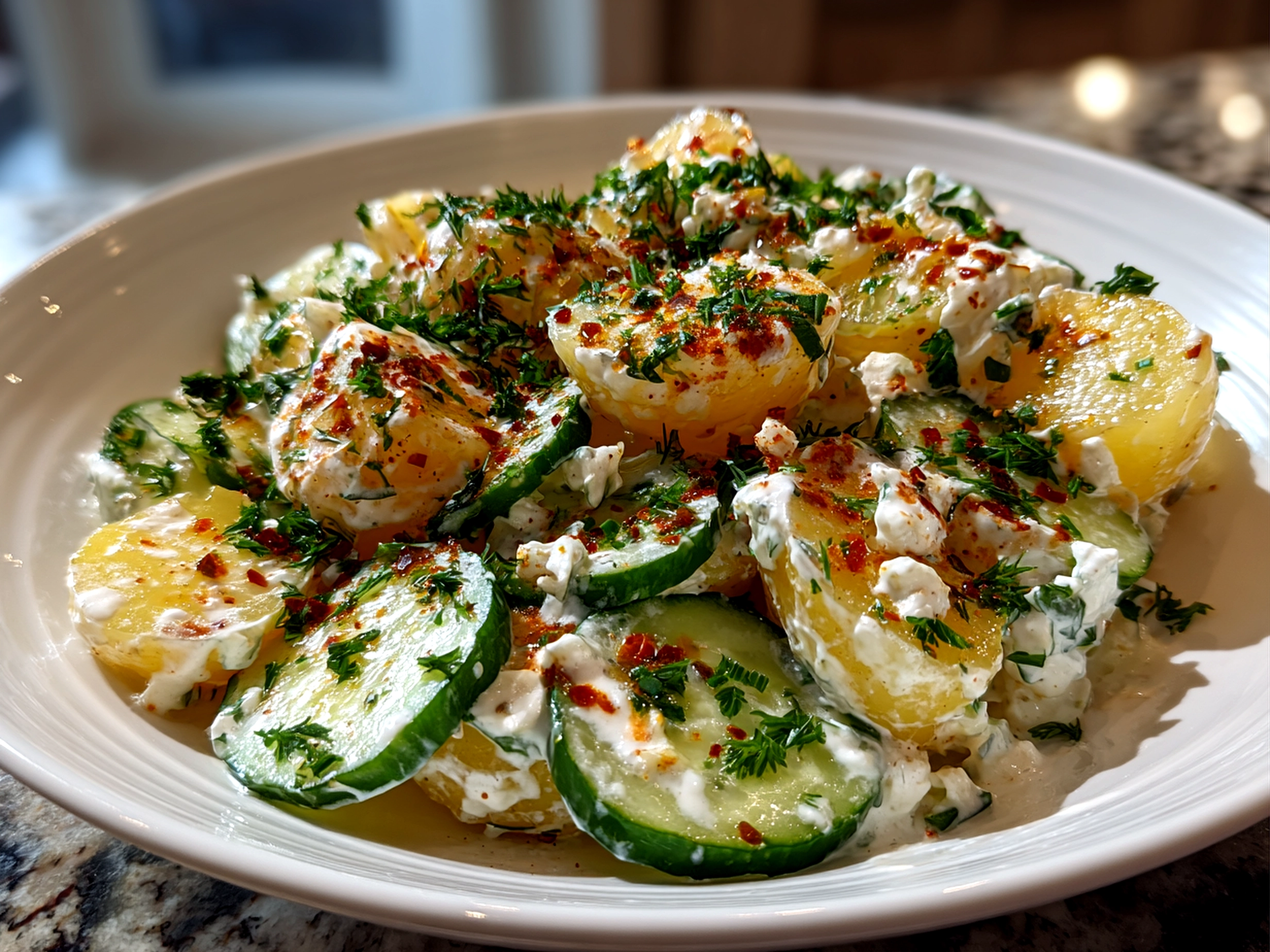 Freshly prepared Greek Yogurt Potato Salad with Cucumbers on white plate