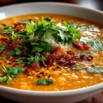 Freshly prepared Thai Coconut Red Lentil Soup bowl