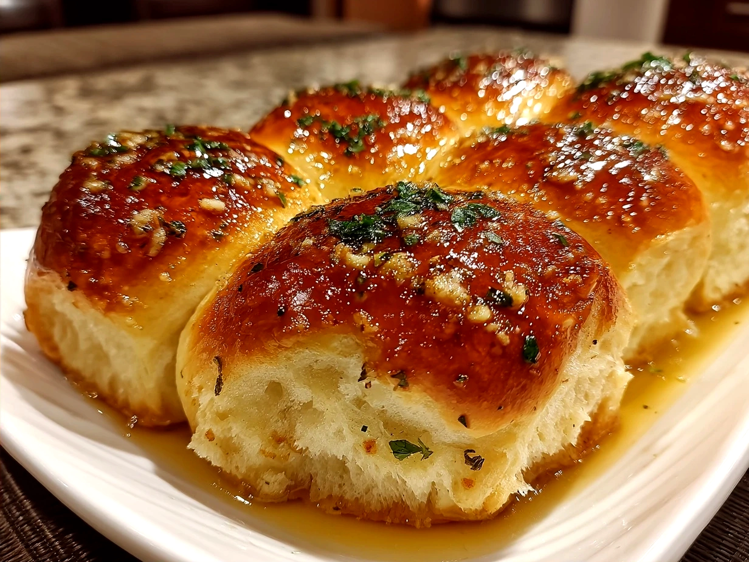 Freshly baked Garlic Butter Dinner Rolls served warm in a basket with fresh parsley