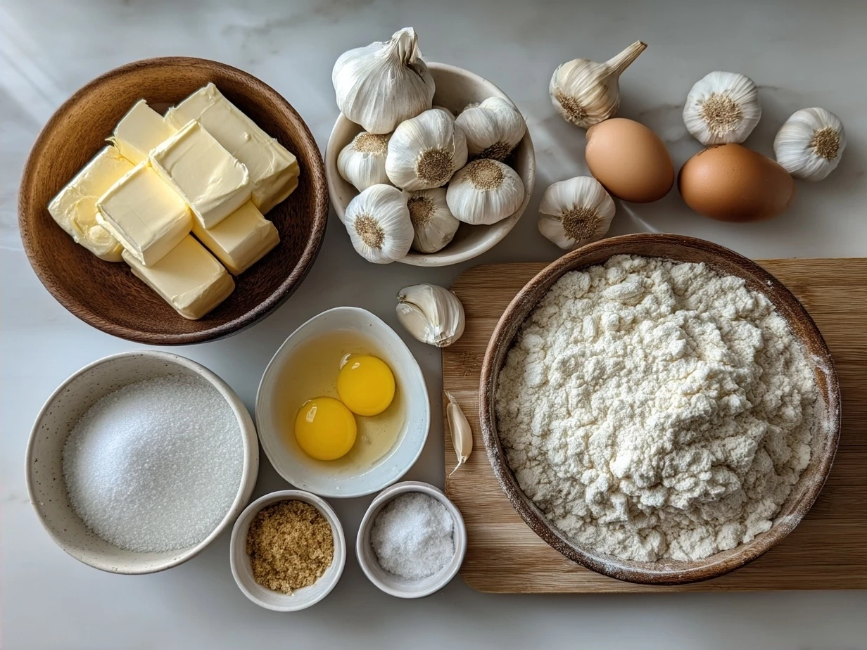 Ingredients for Garlic Butter Dinner Rolls laid out on a wooden table