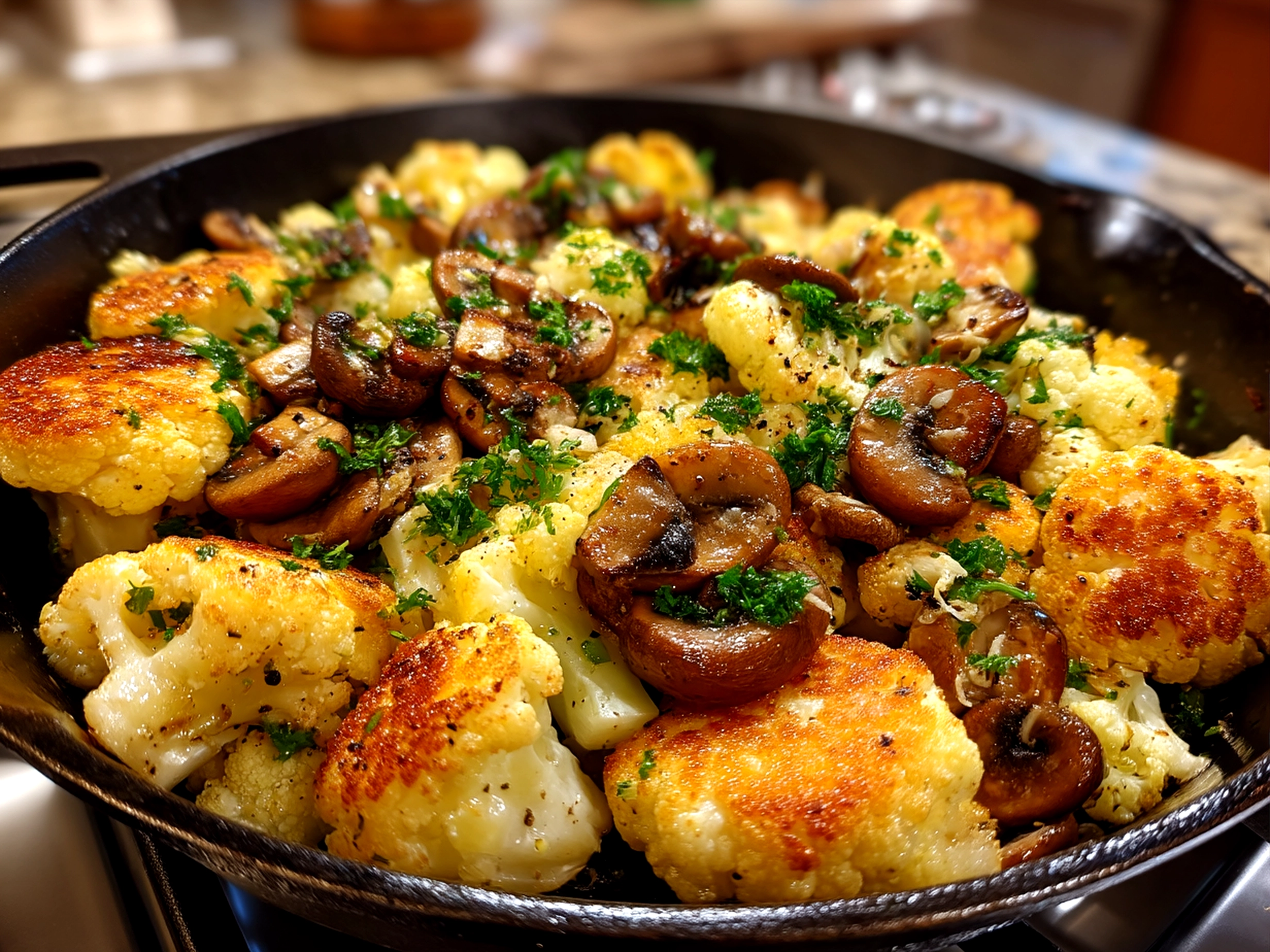 Finished Garlic Cauliflower Mushroom Skillet served with fresh parsley garnish