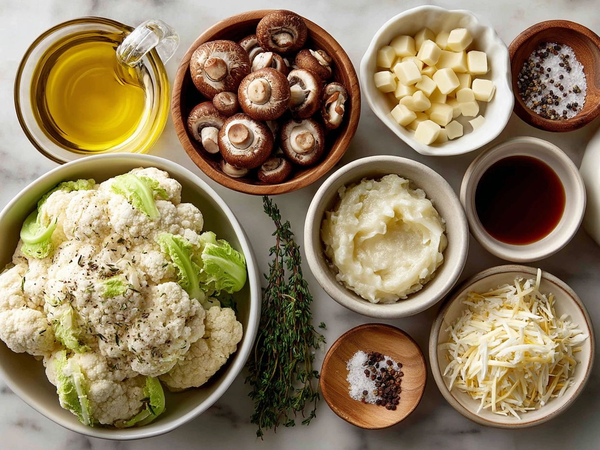 Ingredients for Garlic Cauliflower Mushroom Skillet including cauliflower, mushrooms, garlic, olive oil, thyme, and parsley