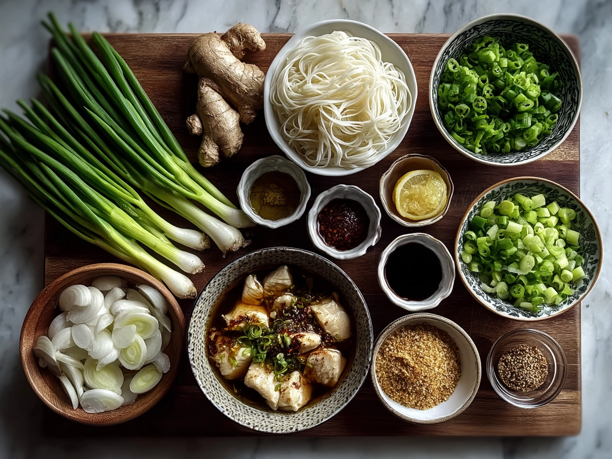 Ingredients for Ginger Scallion Chicken Noodle Soup laid out on a kitchen counter