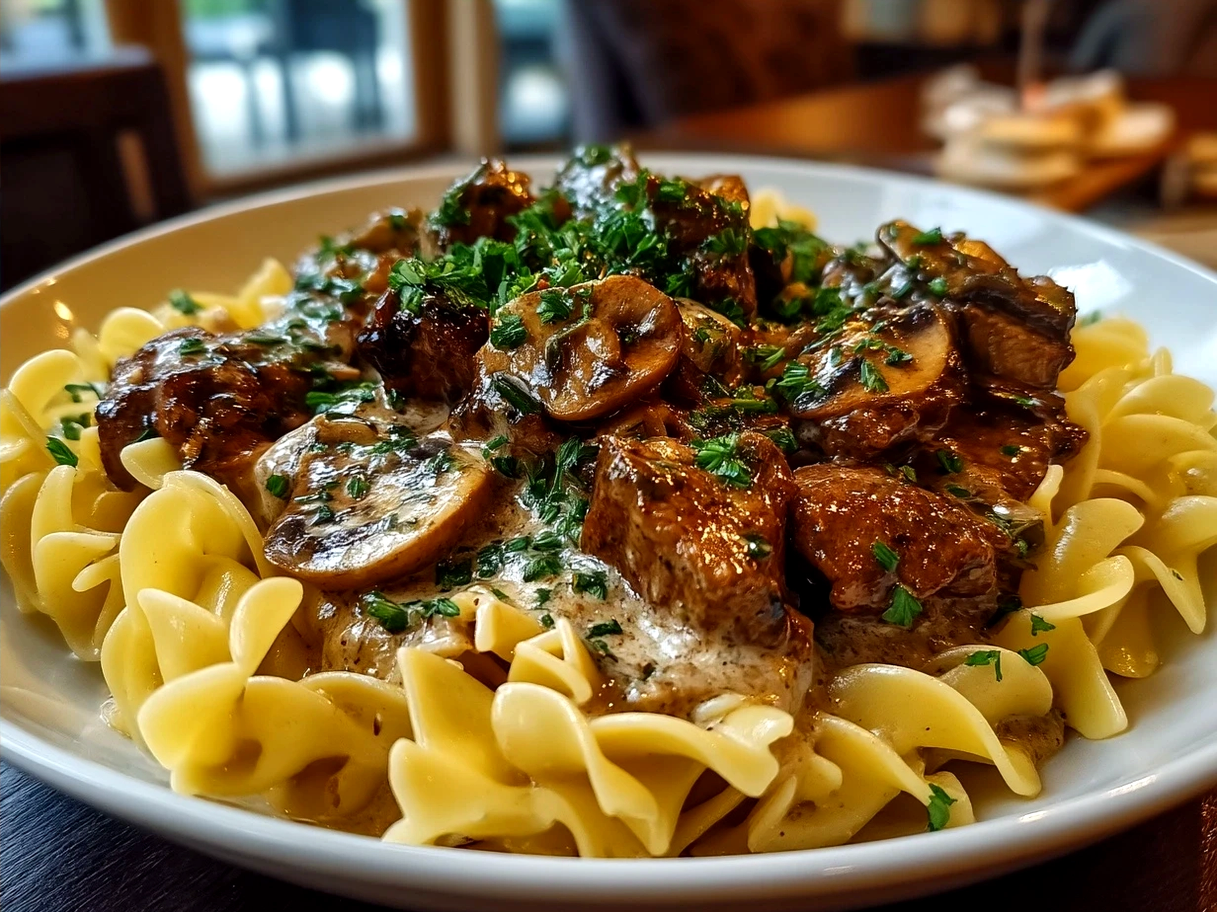 Served Gordon Ramsay Beef Stroganoff with garnish