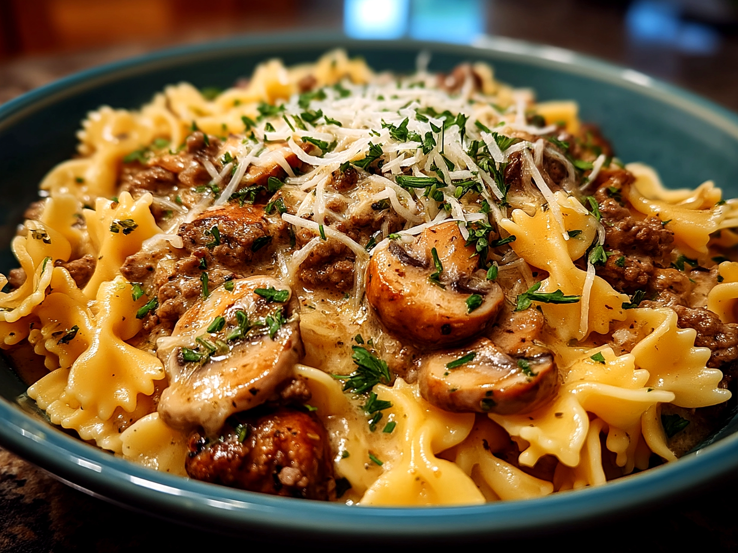 Serving Ground Beef Stroganoff with noodles and sides on the table