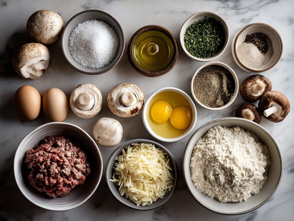 Ingredients for Ground Beef Stroganoff including ground beef, onions, garlic, mushrooms, butter, olive oil, beef broth, Worcestershire sauce, Dijon mustard, sour cream, flour, and pasta