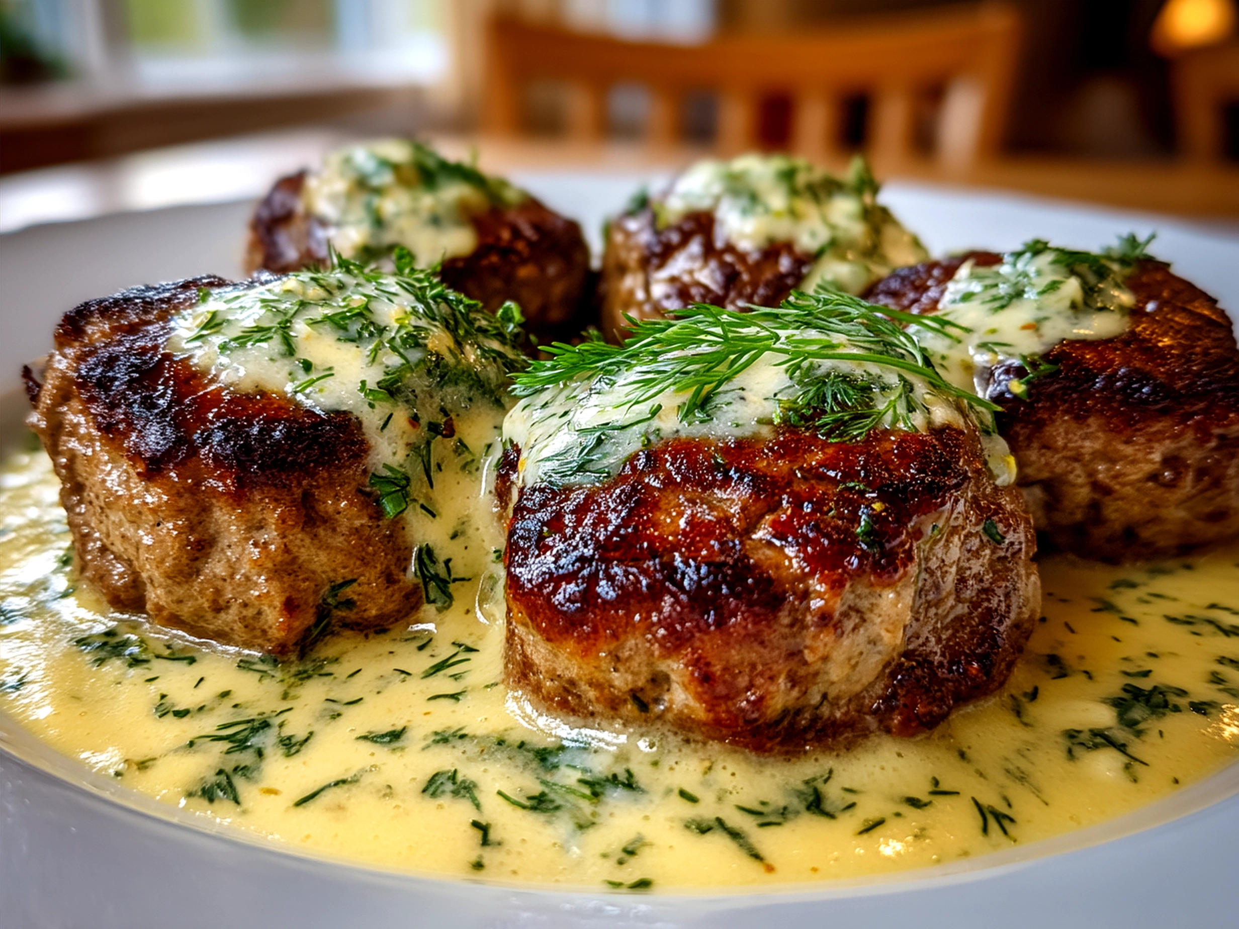 Hamburger Steaks in Creamy Dill Sauce served with mashed potatoes and vegetables