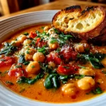 Home cook, taken with iPhone 14. Close-up slight angle of comforting Tuscan Chickpea Soup on white plate. Hearty comforting --ar 4:3 --style raw --s 245