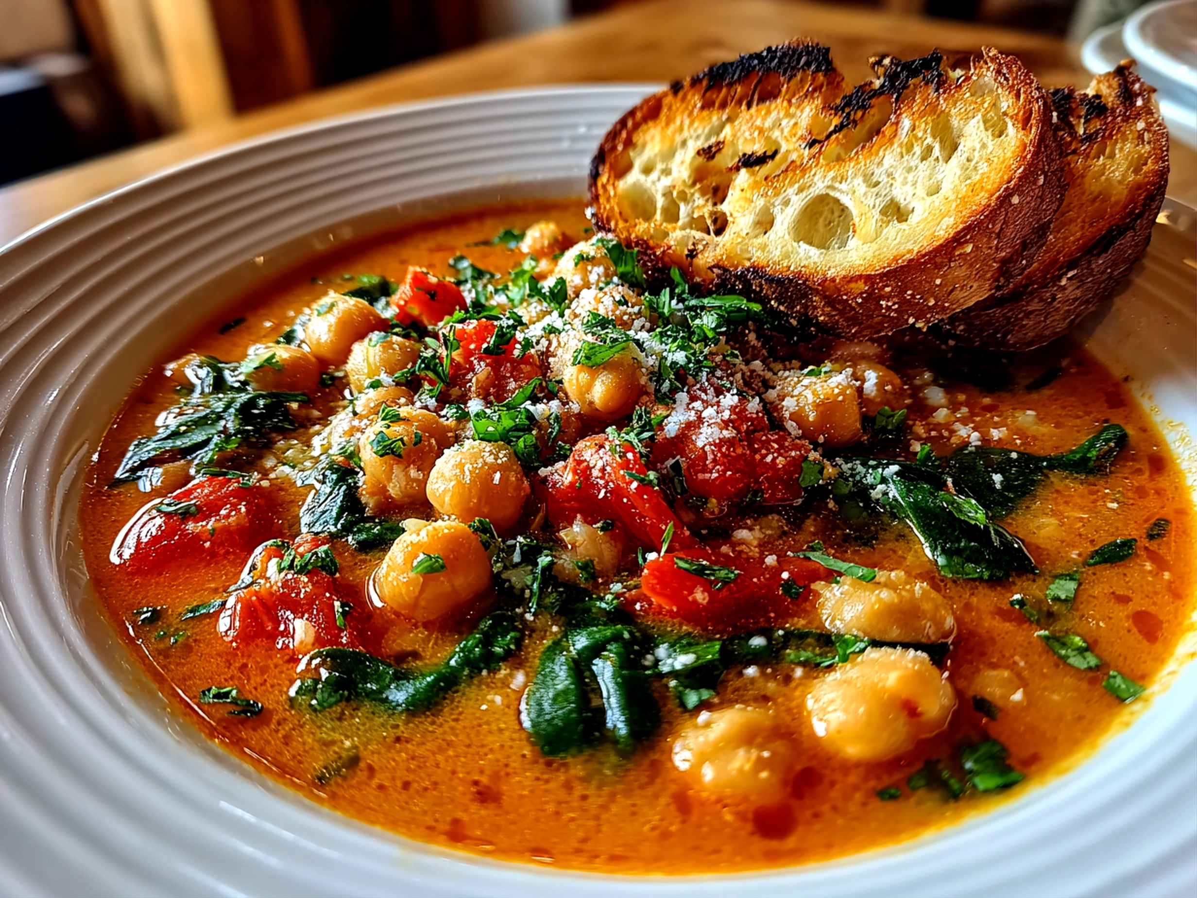 Home cook, taken with iPhone 14. Close-up slight angle of comforting Tuscan Chickpea Soup on white plate. Hearty comforting --ar 4:3 --style raw --s 245