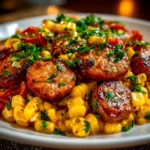 Home cook, taken with iPhone 15 Pro. Close-up slight angle of comforting Maque Choux With Sausage Corn on white plate. Hearty comforting --ar 4:3 --style raw --s 240