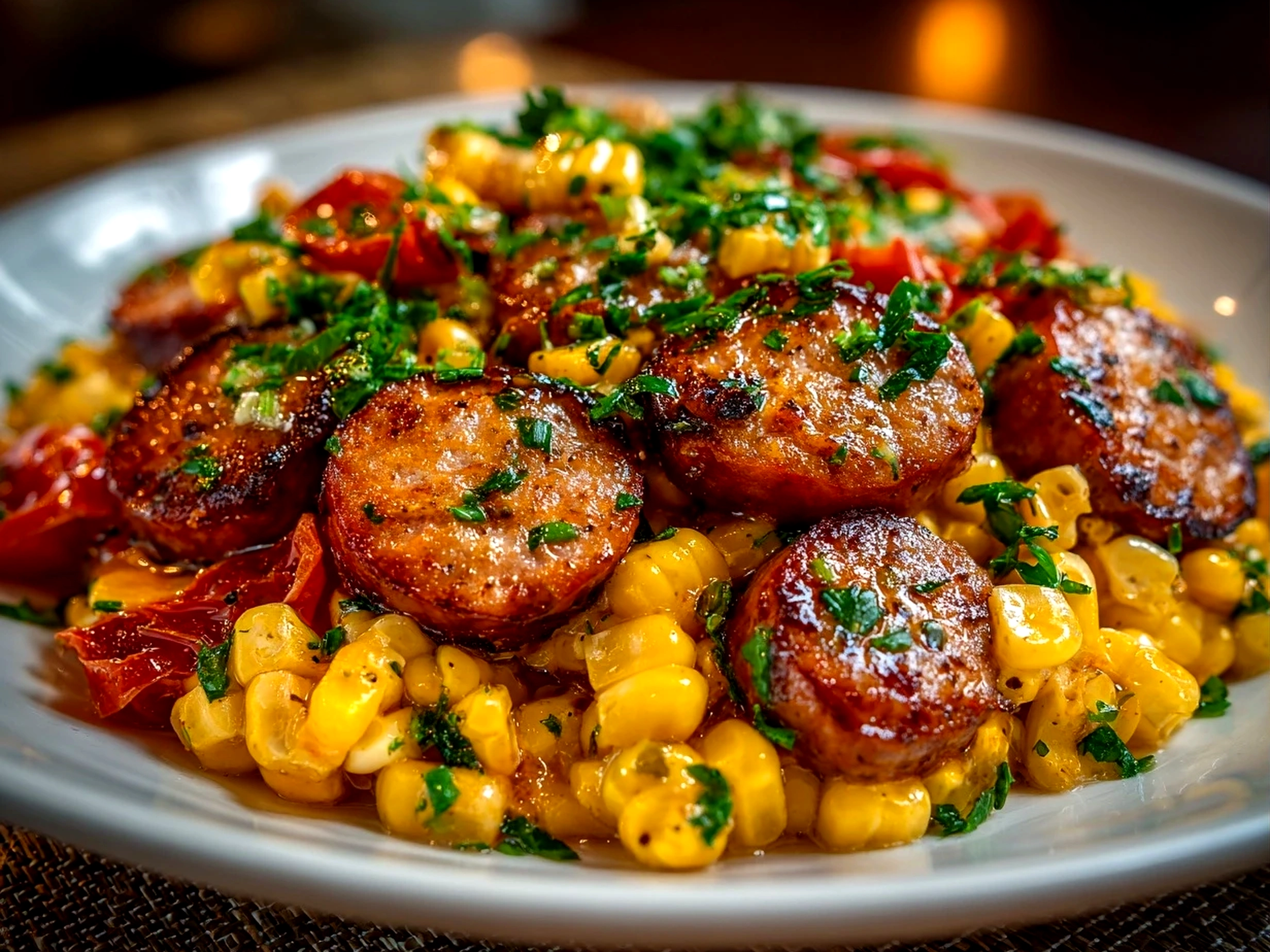 Home cook, taken with iPhone 15 Pro. Close-up slight angle of comforting Maque Choux With Sausage Corn on white plate. Hearty comforting --ar 4:3 --style raw --s 240