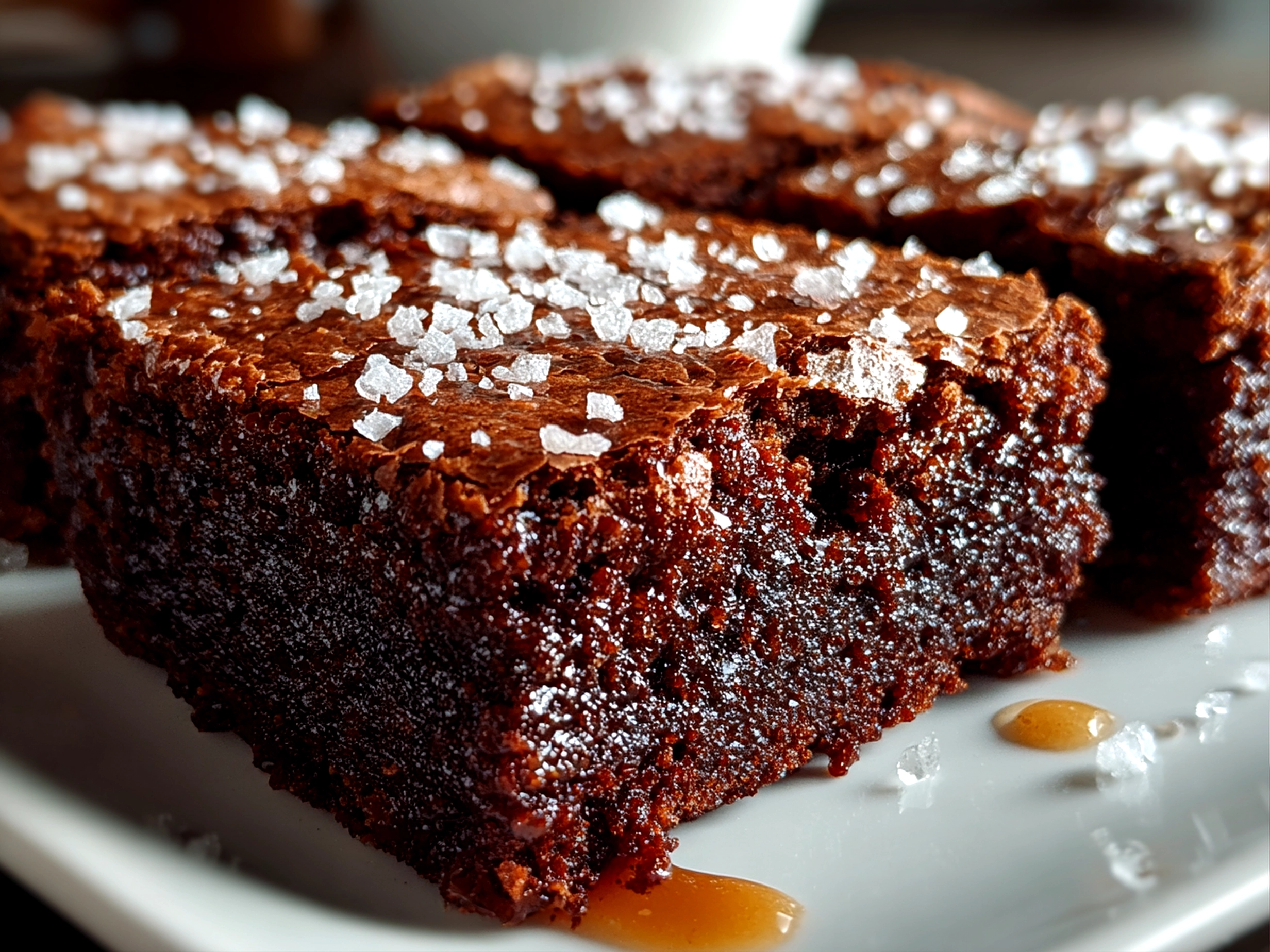 Home cook, taken with iPhone 15. Close-up slight angle of freshly prepared sourdough discard brownies on white plate. Mouthwatering --ar 4:3 --style raw --s 260