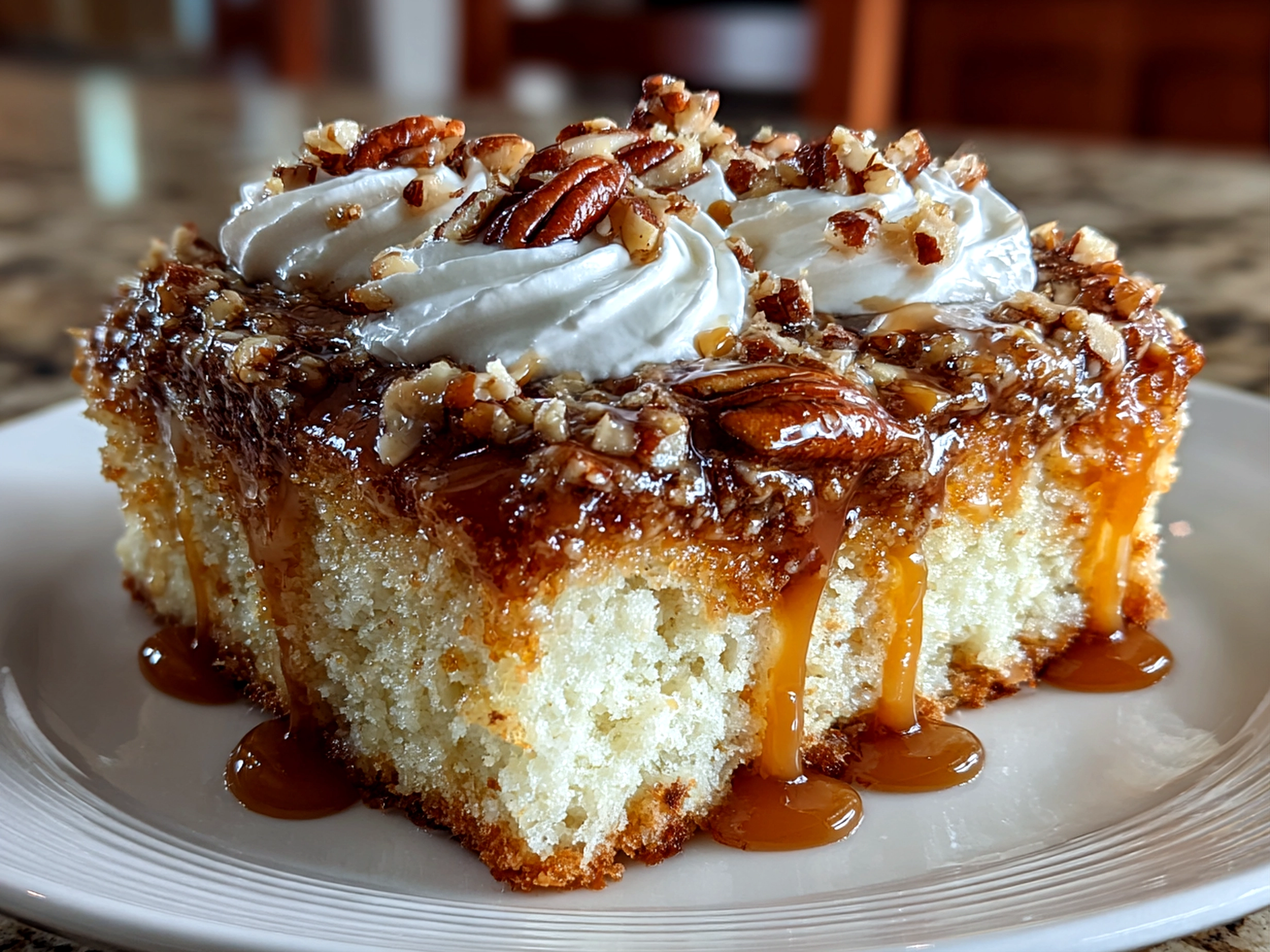 Homemade Caramel Butter Pecan Praline Poke Cake