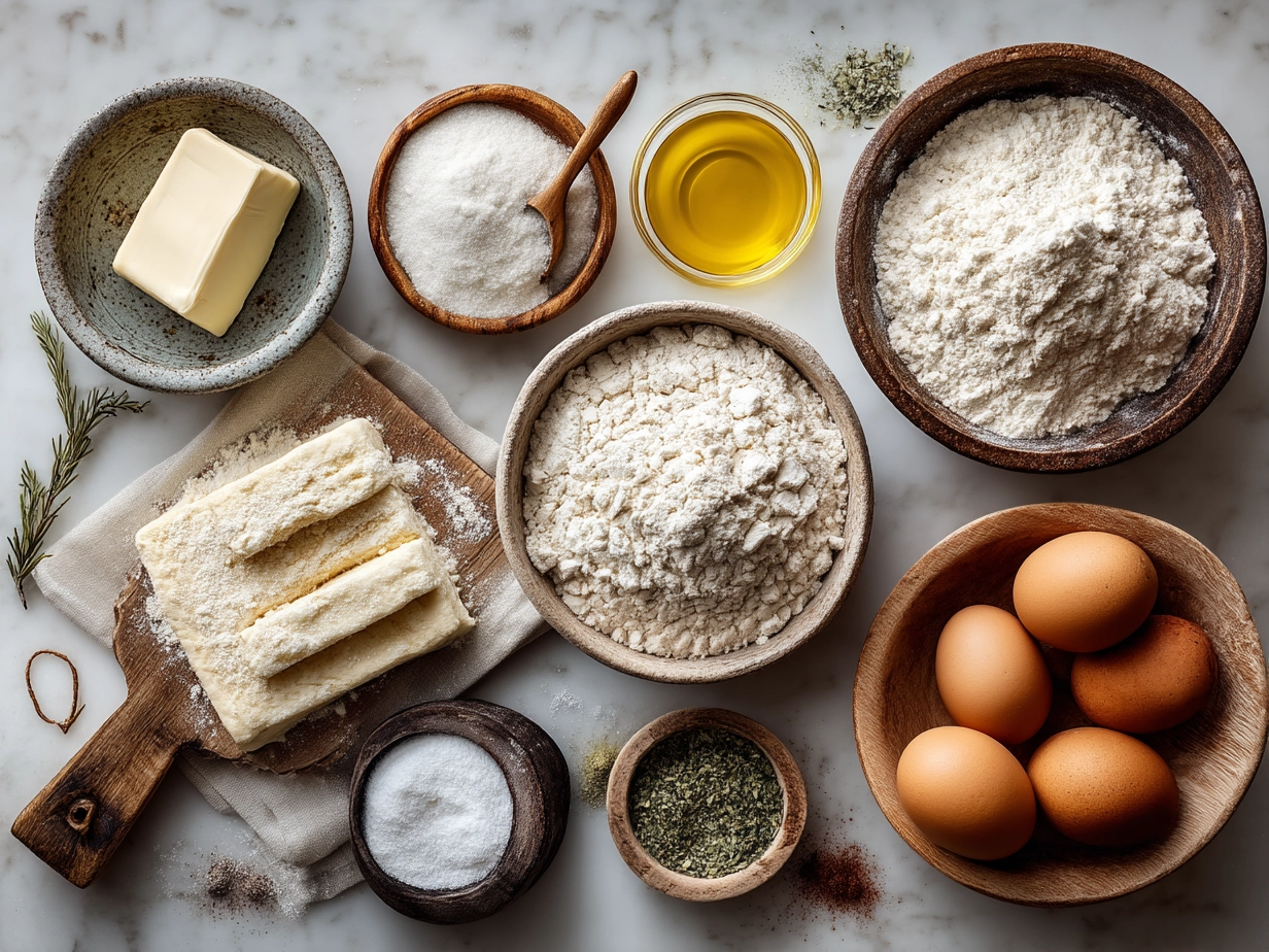 Ingredients needed for homemade bread including flour, yeast, water, sugar, salt, and olive oil