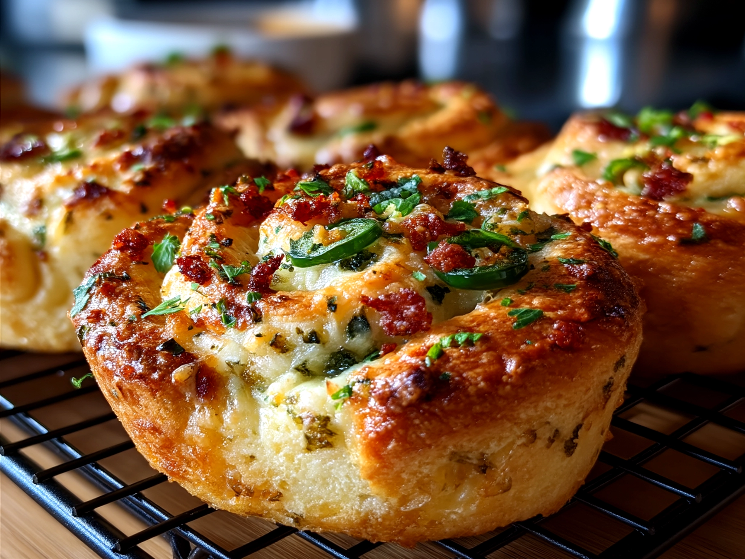 Cooked Jalapeno Popper Pinwheels served warm on a platter with garnish