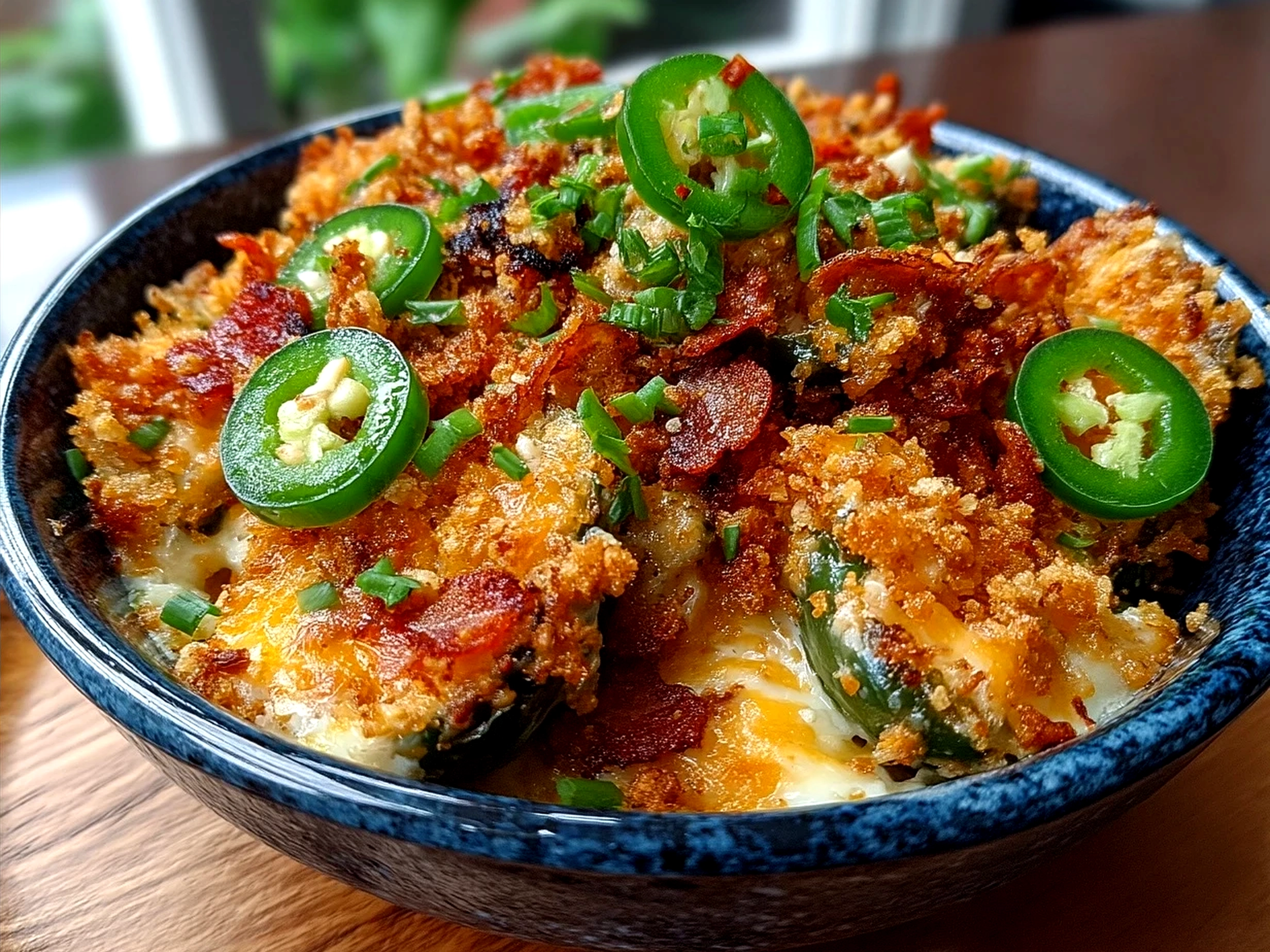 Fully assembled Jalapeno Poppers Nourish Bowl with avocado slices and fresh herbs
