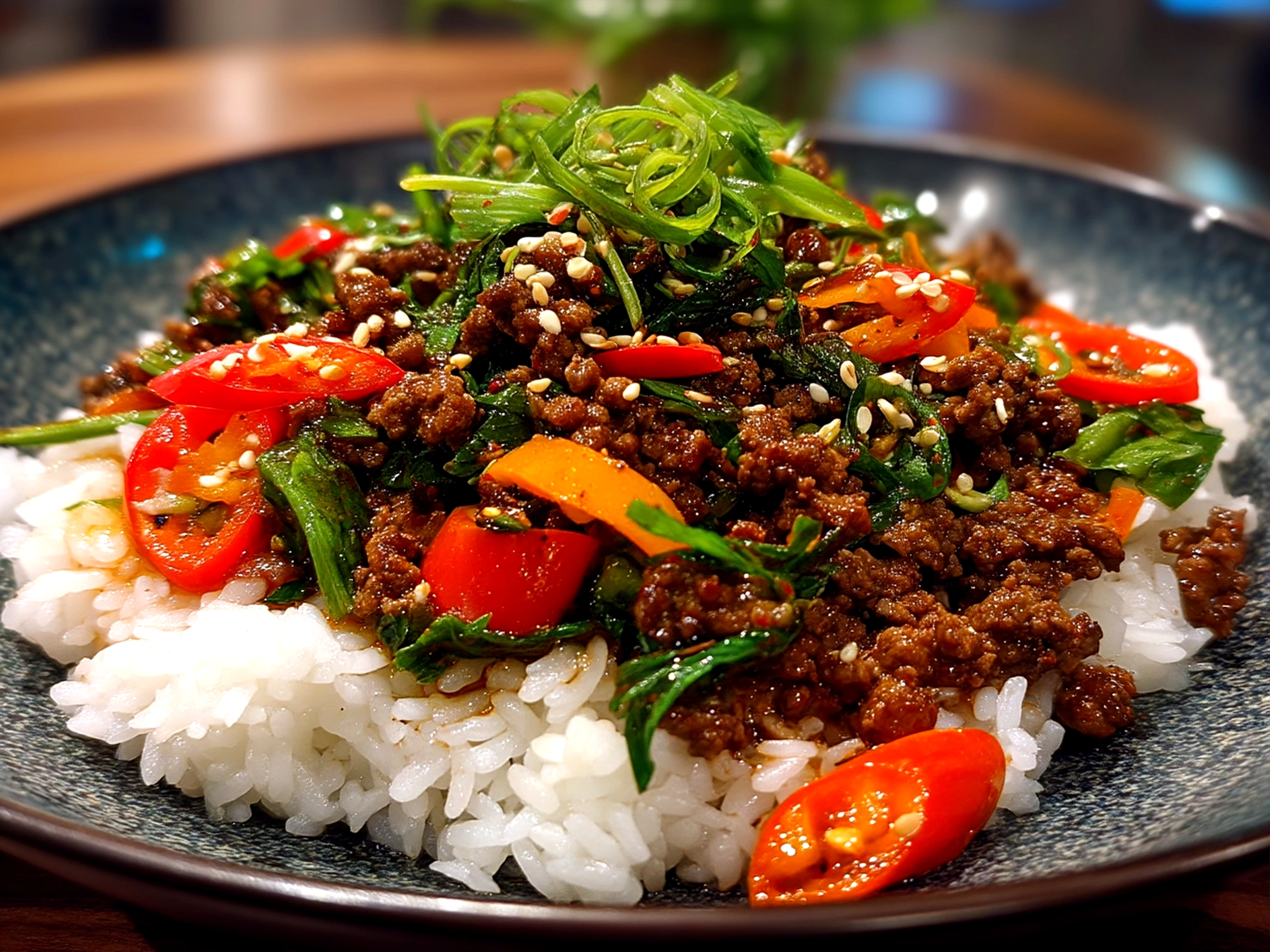 Served Korean Ground Beef over rice garnished with green onions and sesame seeds