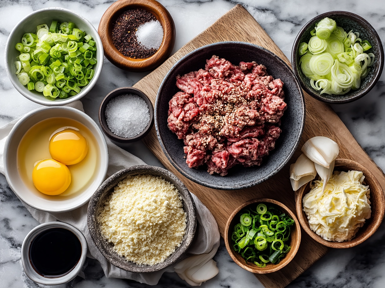Ingredients for Korean Ground Beef including ground beef, soy sauce, brown sugar, garlic, ginger, sesame oil, red pepper flakes, green onions