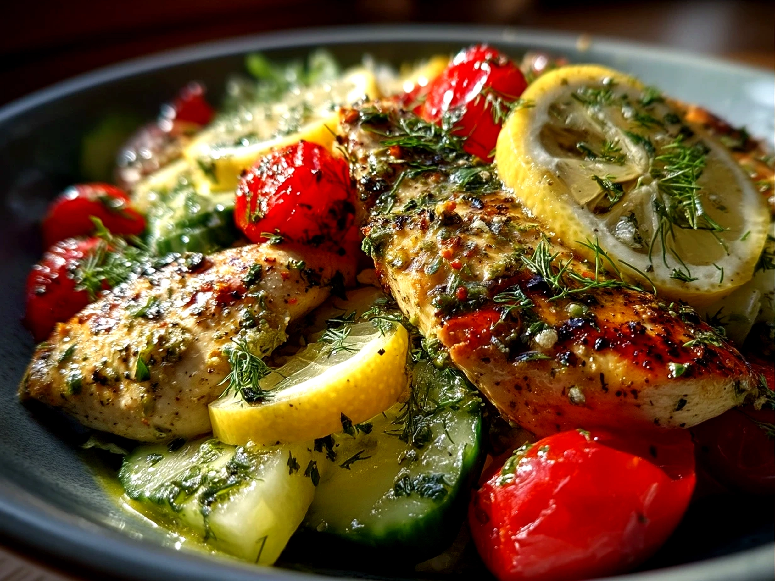 Freshly assembled Lemon-Herb Chicken Nourish Bowl with quinoa, sliced chicken, fresh vegetables and avocado