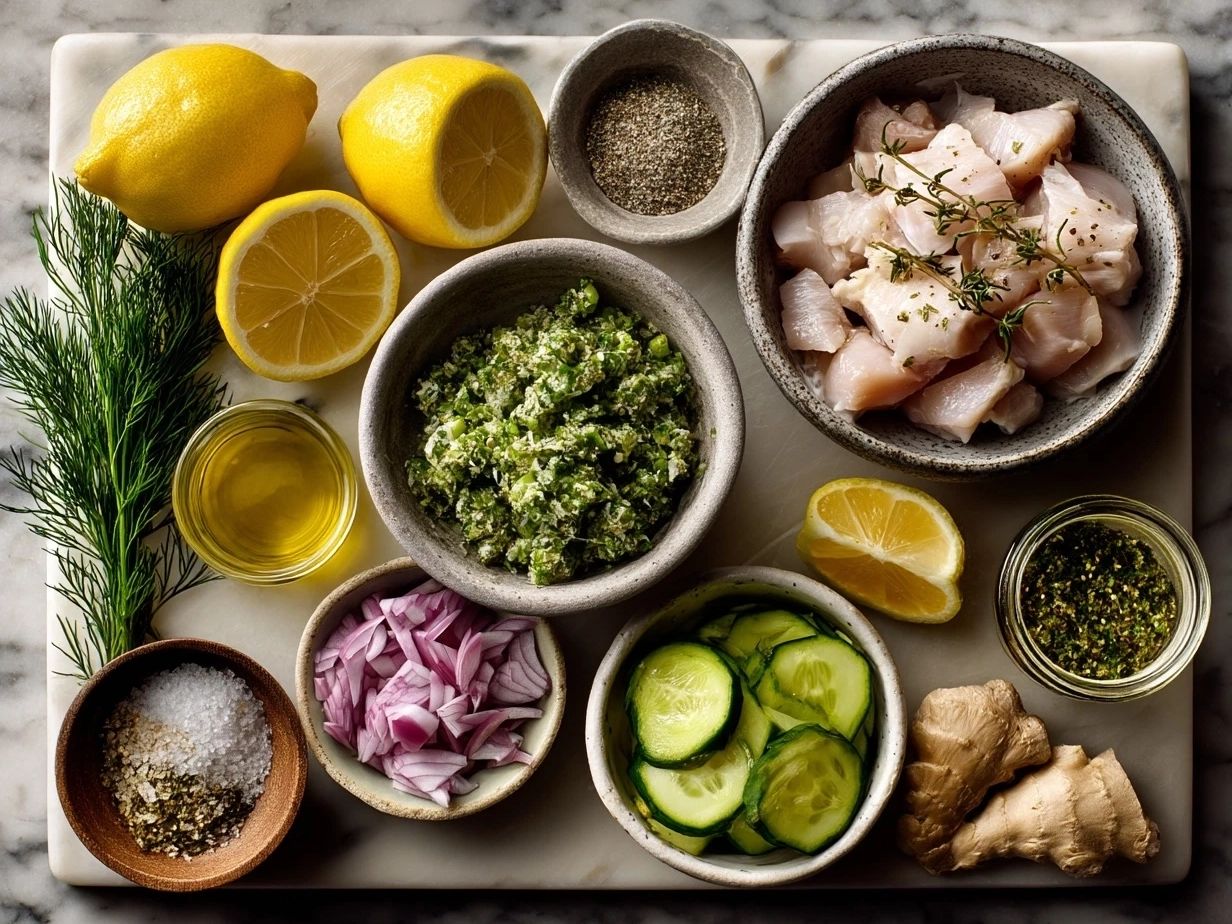 Ingredients for Lemon-Herb Chicken Nourish Bowl including chicken breasts, lemon, olive oil, garlic, herbs, quinoa, fresh vegetables, parsley, avocado, and feta cheese