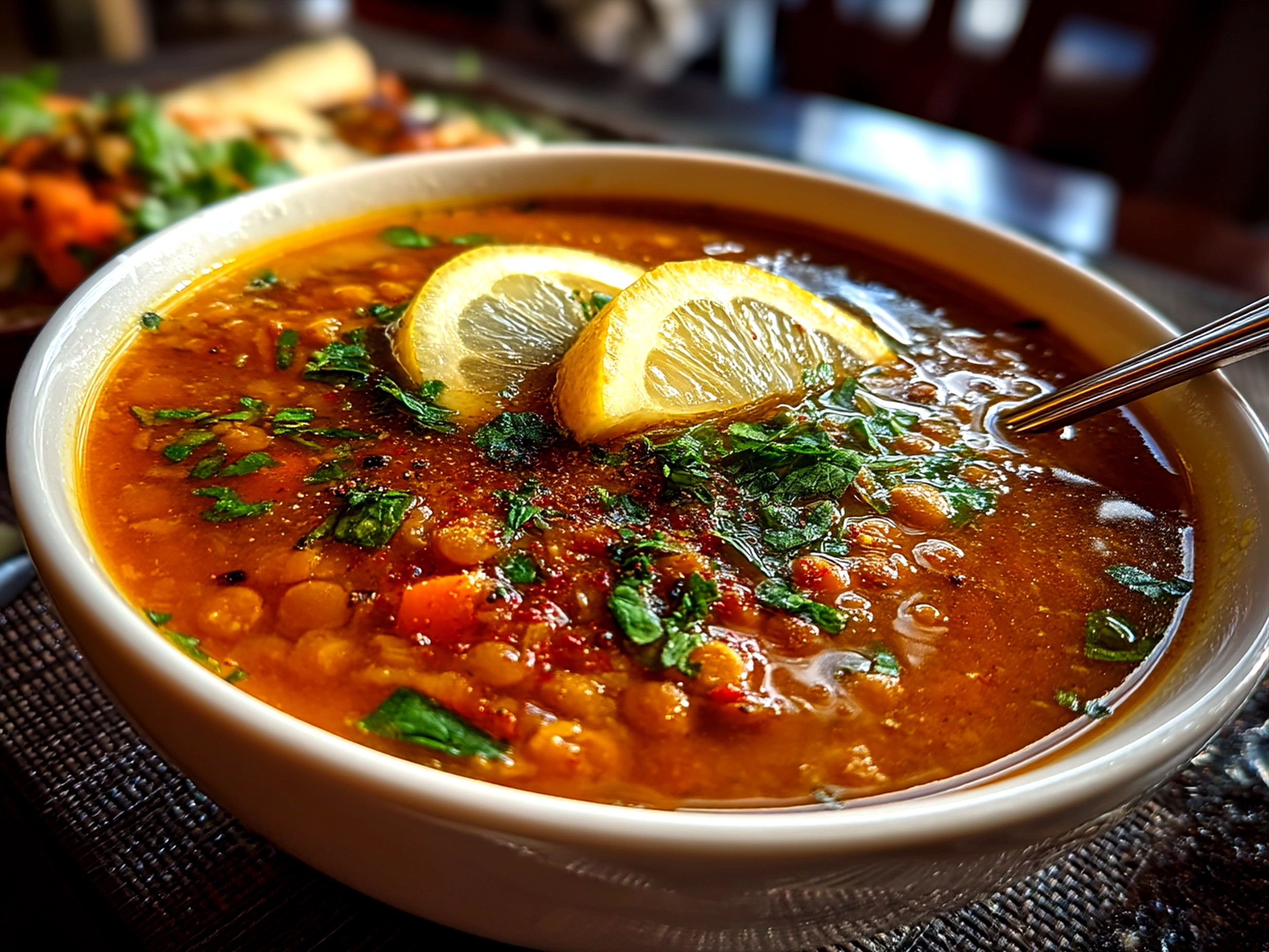Bowl of freshly served Lemon Lentil Soup garnished with parsley and olive oil