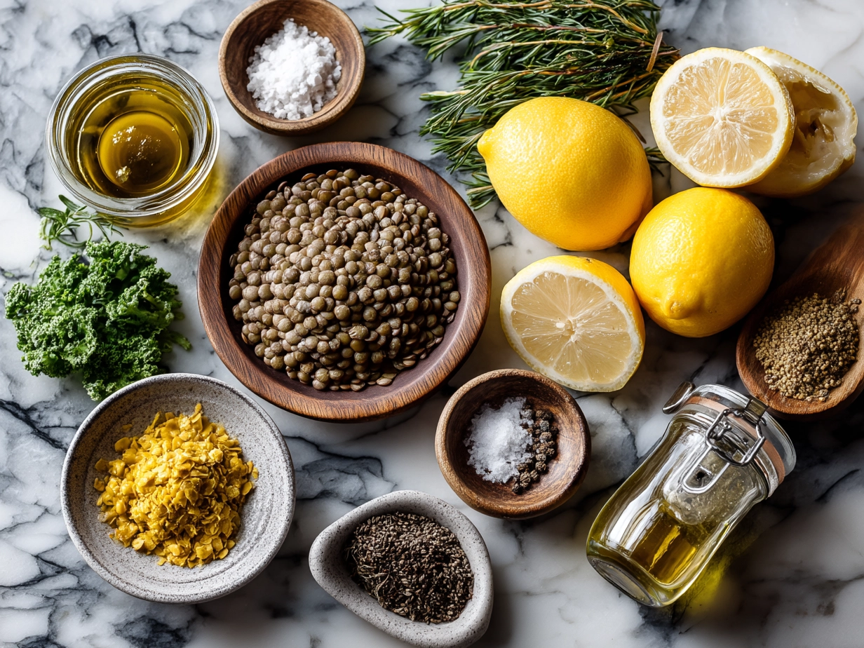 Ingredients for Lemon Lentil Soup laid out on a kitchen counter
